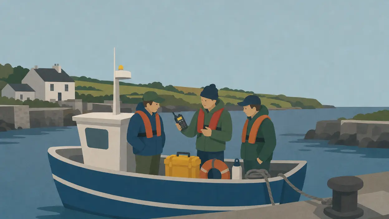 Three people wearing lifejackets talk aboard a moored fishing boat.