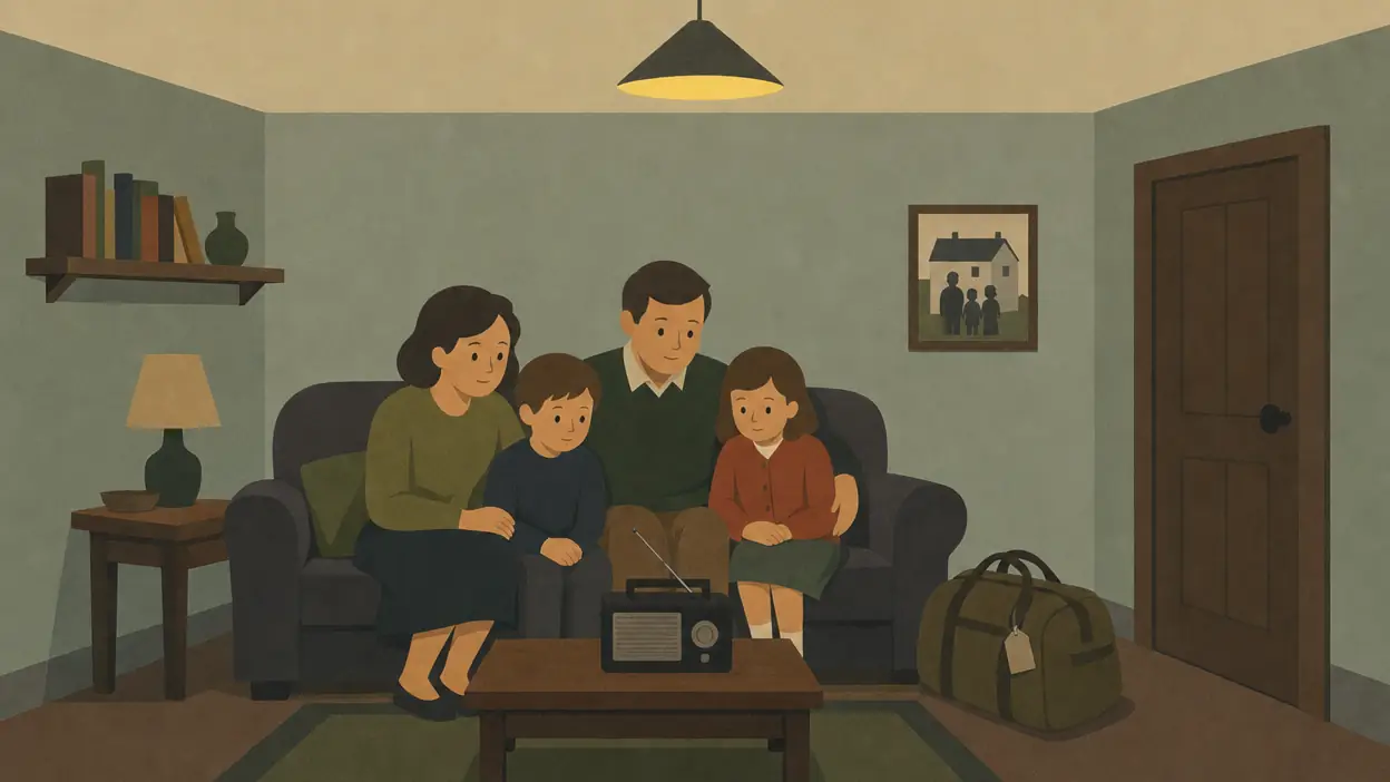 Three people sit together indoors beside a radio, with the door closed.