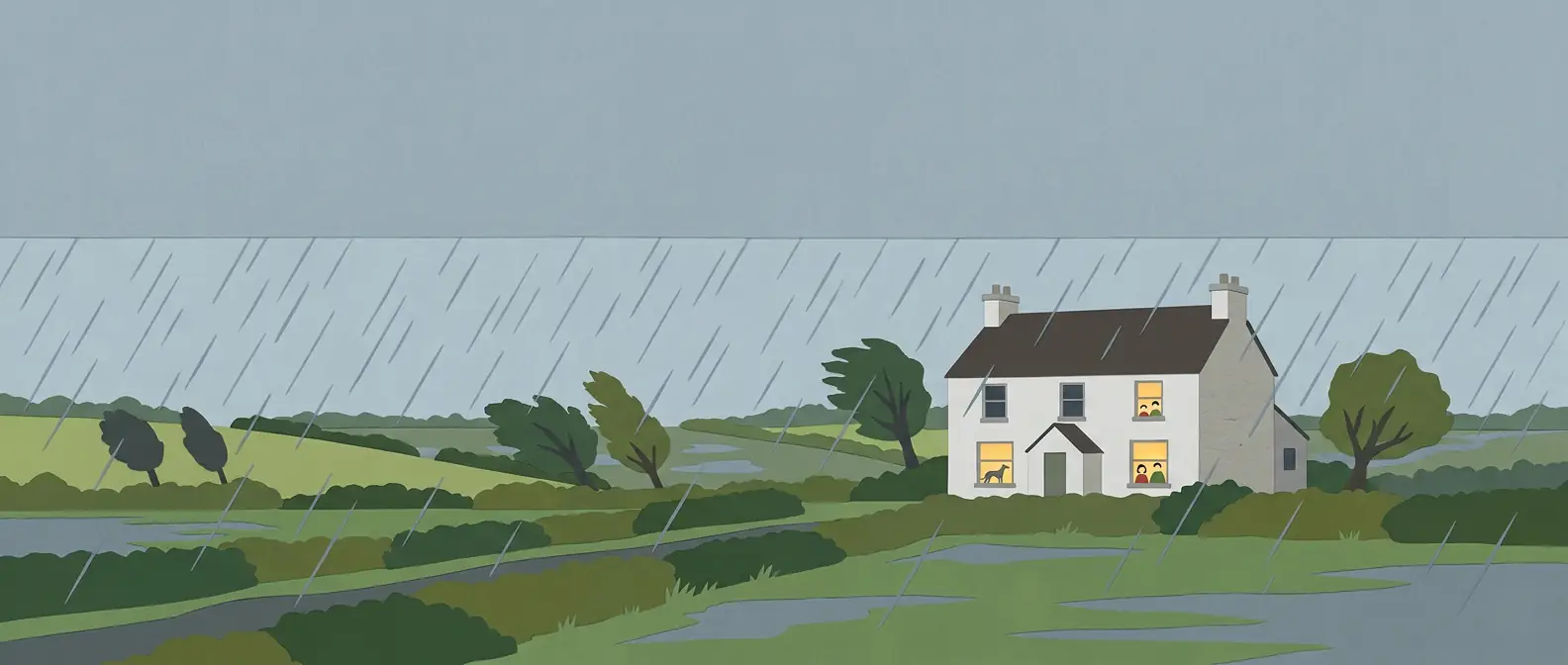 A farmhouse with lit windows as weather moves across the fields.
