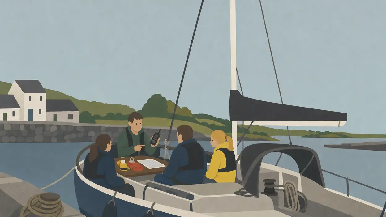 People review a chart together aboard a moored sailing boat.