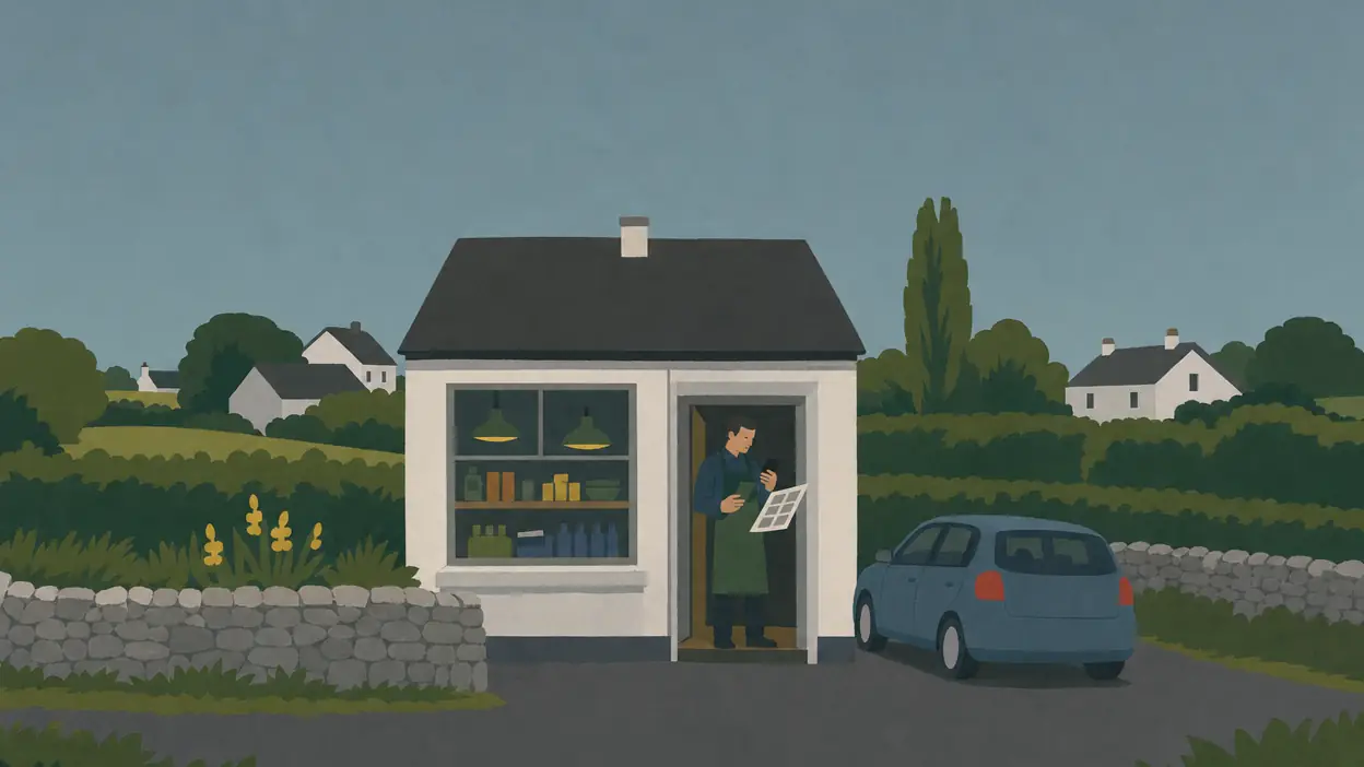 A person stands at the door of a small village shop.