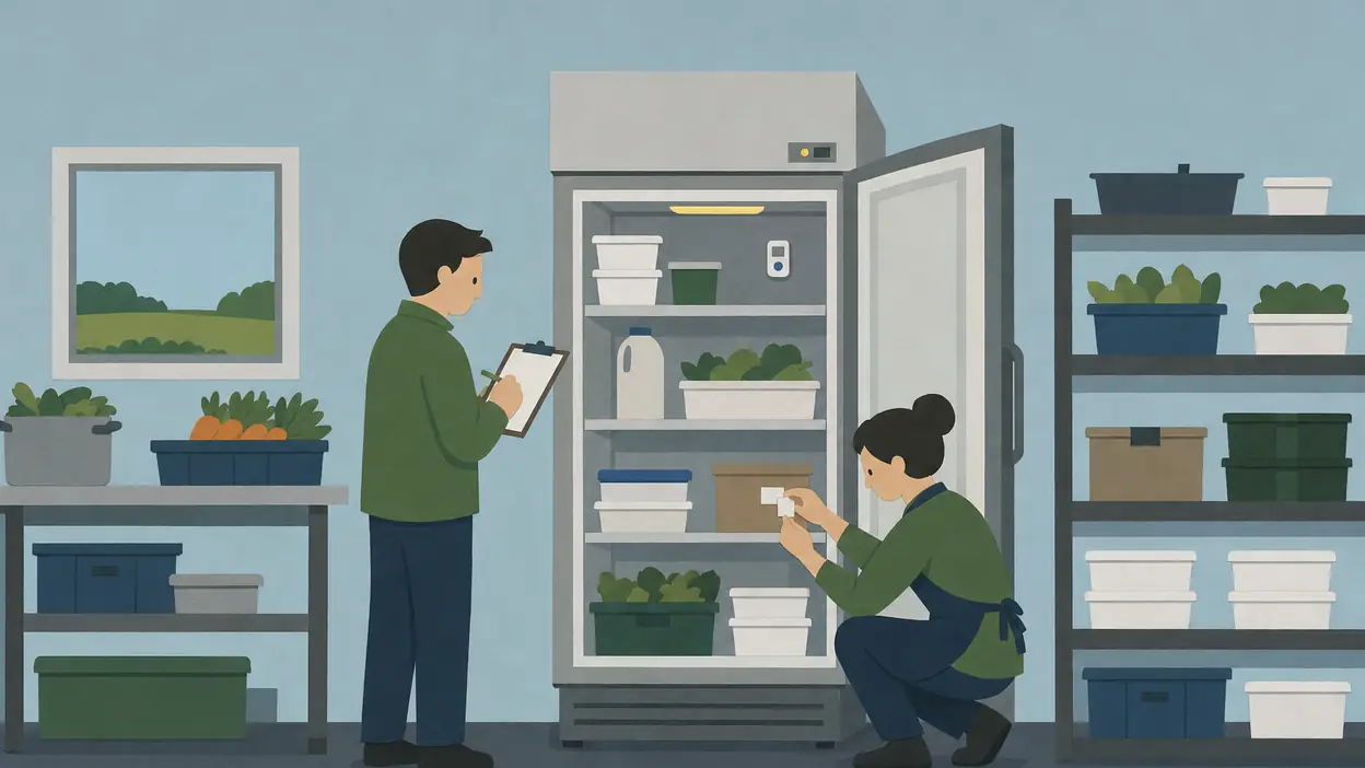 Two people check a refrigerator and record notes in a kitchen.