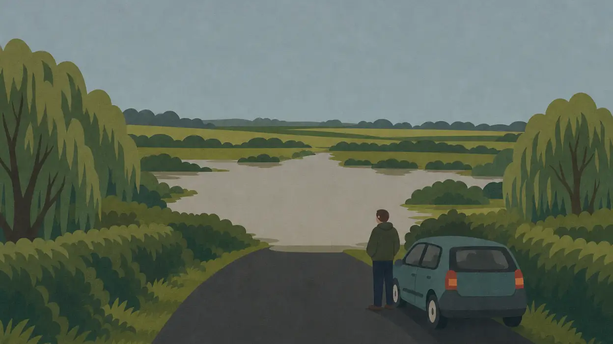 A driver stands beside a car stopped before a flooded road.