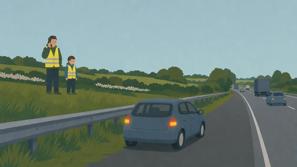 Two people in hi-vis clothing wait behind a motorway barrier above a stopped car.
