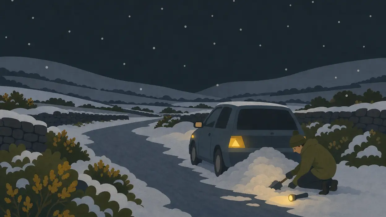 A person clears snow behind a car on a dark rural road.