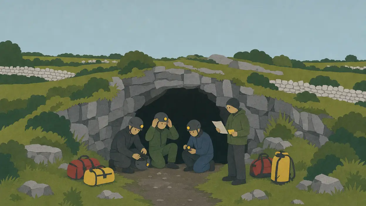 Cavers with helmets and lamps gather at a limestone cave entrance.