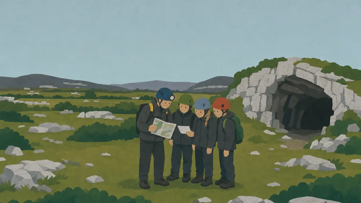 A group consults a map beside a cave entrance under grey skies.