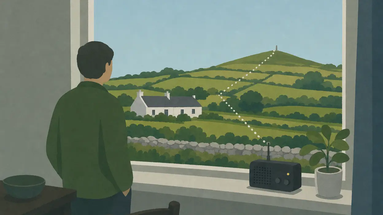 A small radio with an aerial sits by a window overlooking fields.