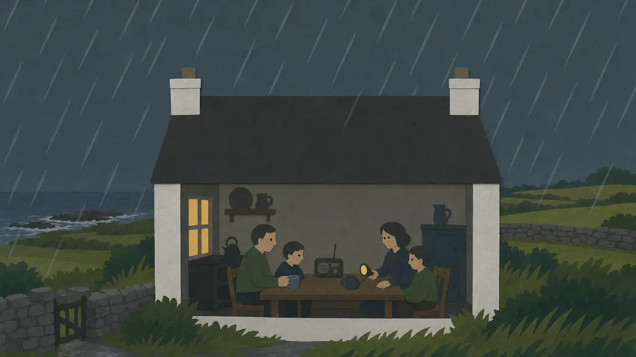 A family listens to a radio in a lit room while rain falls outside.