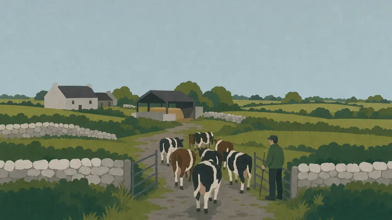 A farmer stands beside cattle on a lane between fields.