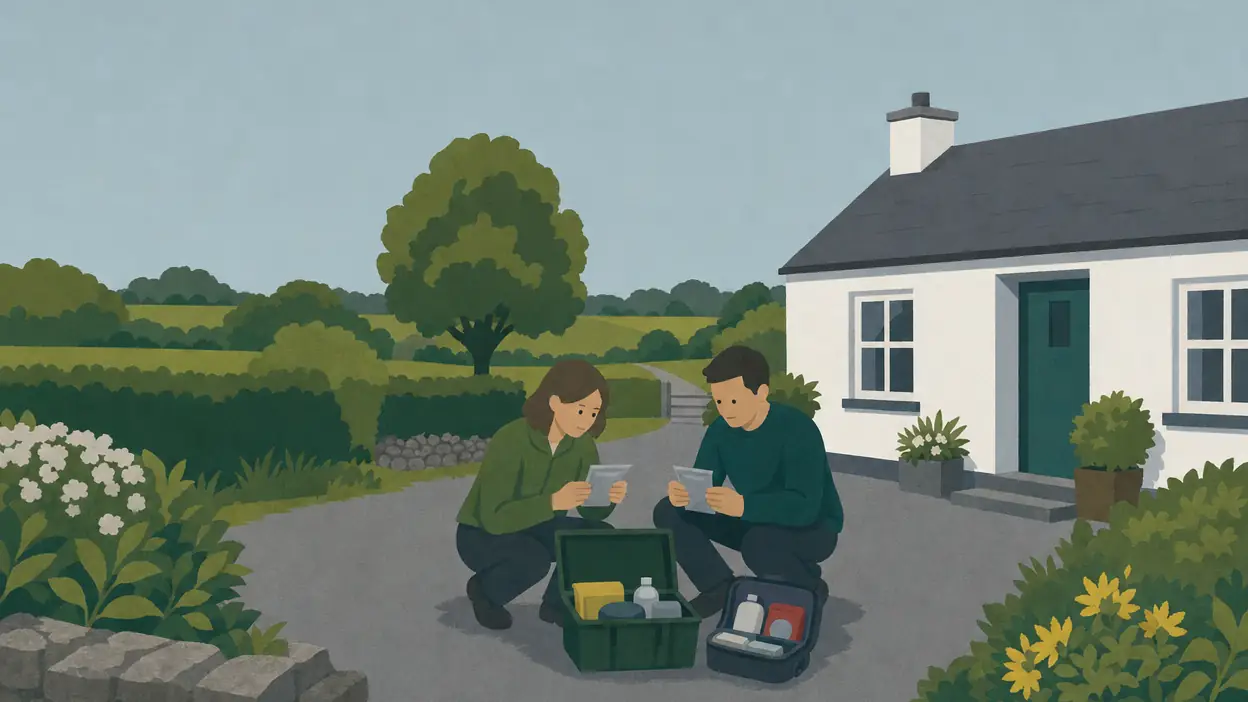 Two people check first aid supplies outside a house.