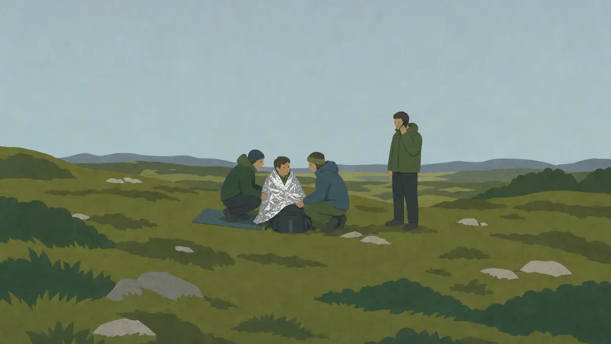 Walkers shelter together on open hillside while a companion stands nearby.