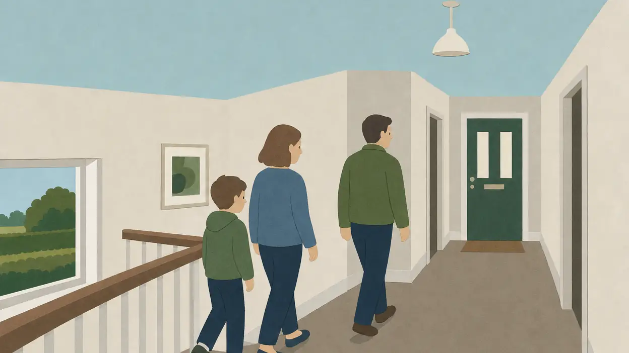A family walks along a clear upstairs landing.
