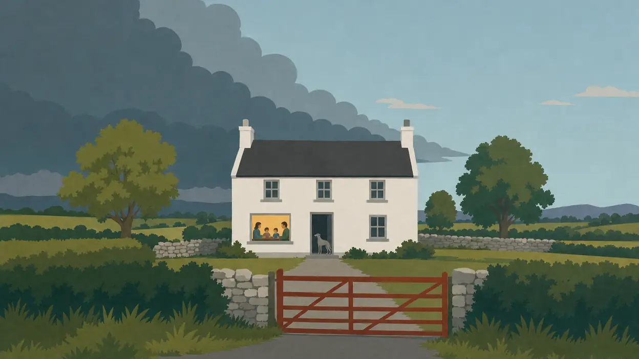 A farmhouse with lit windows as weather moves in.
