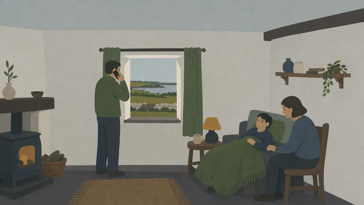 An adult makes a phone call beside a window in an island home.