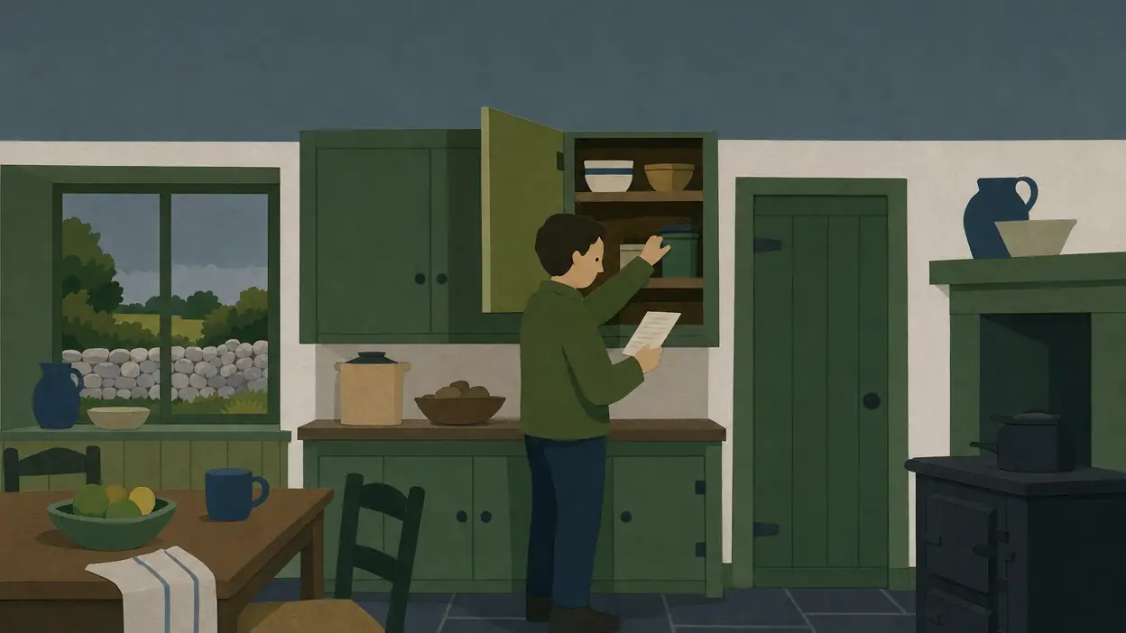 A person checks food supplies in a kitchen cupboard.