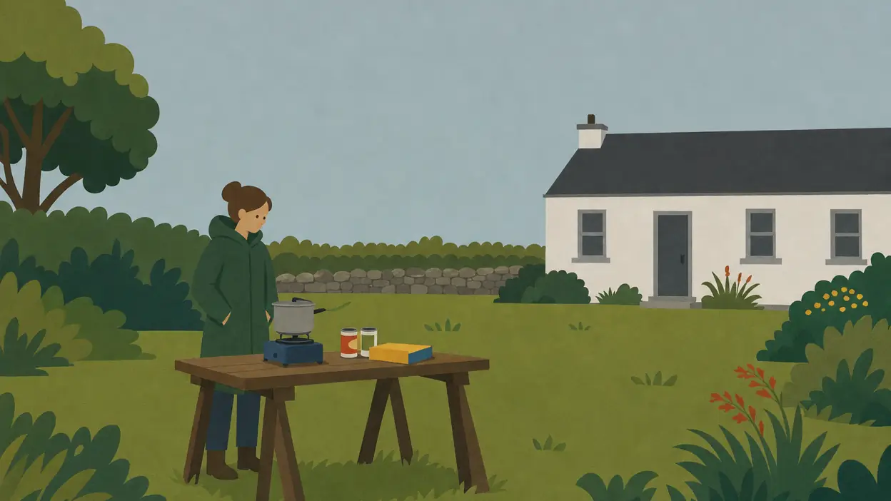 A person cooks on a camping stove on a table in the garden.