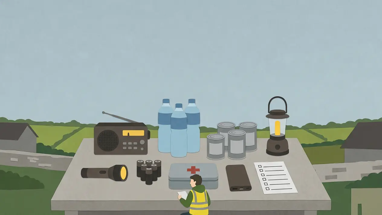 A radio, torch, water and other household supplies laid out ready to use.