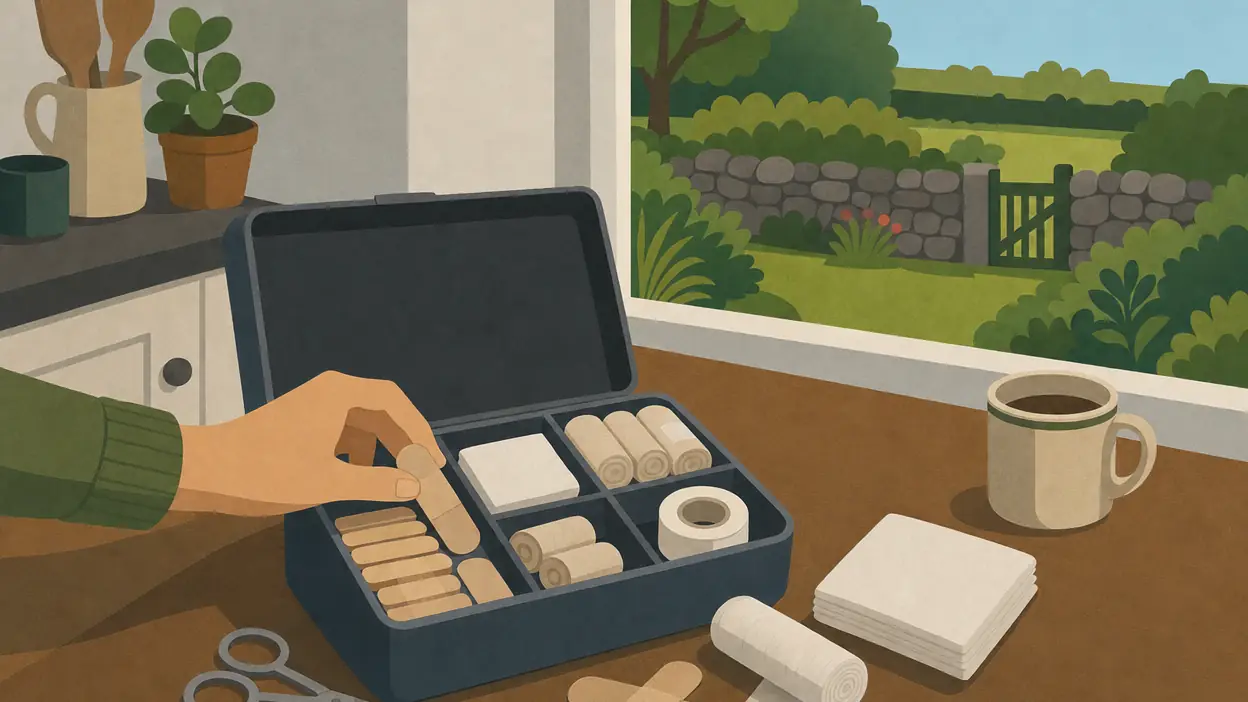 A hand reaches into an open first aid kit on a kitchen table.