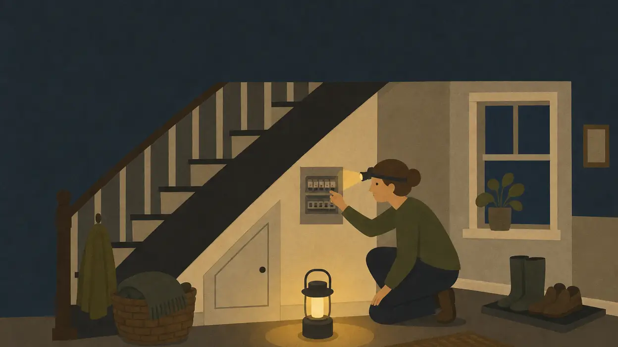 A person checks a wall panel with a torch beside a lantern under the stairs.