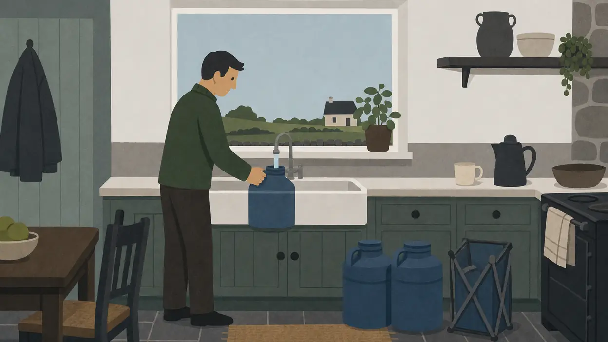 A person fills a blue water container at the kitchen tap.