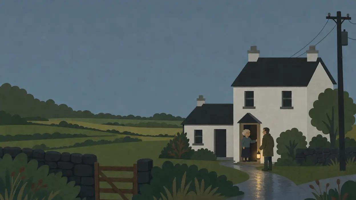 A neighbour visits the front door of a rural home at dusk.