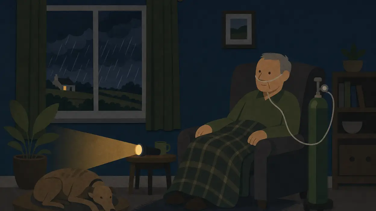 A person sits beside an oxygen cylinder in a lamp-lit room at night.