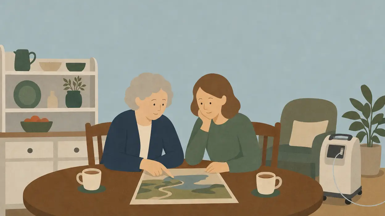 Two people write a plan together at a kitchen table with medical equipment nearby.