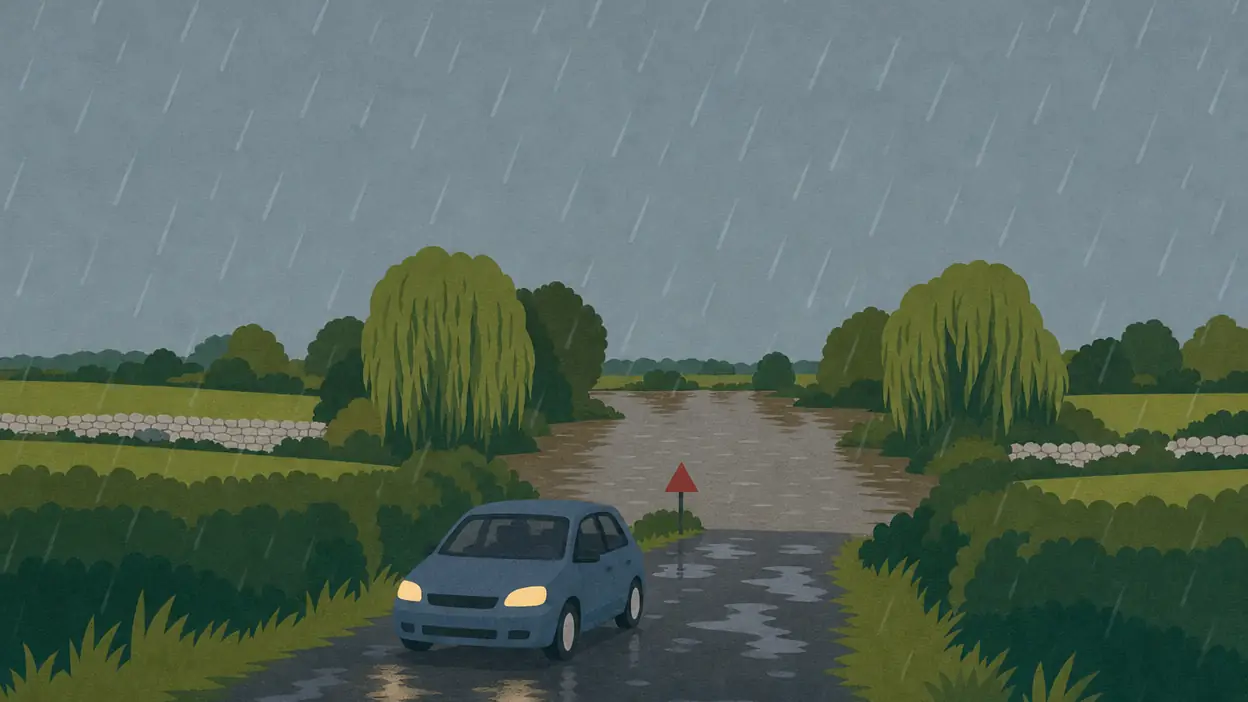 A car drives back along a wet country road, away from a flooded stretch with a warning sign behind it.