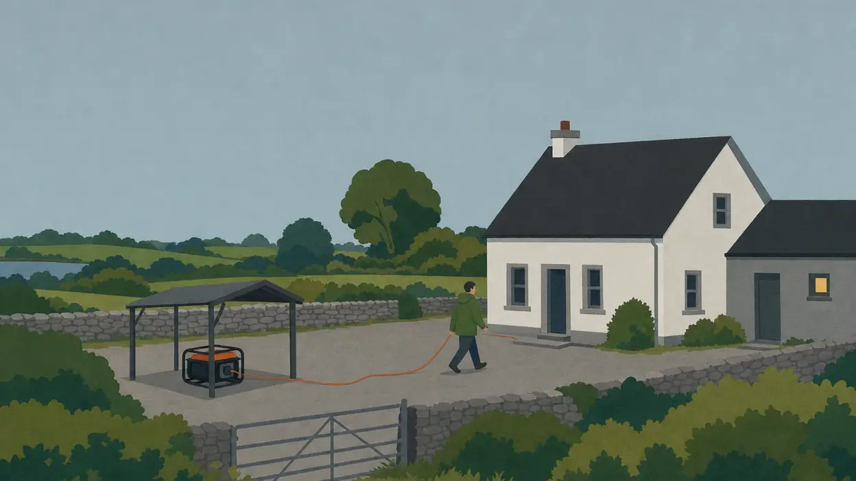 A generator sits under an open-sided shelter on dry paving, well away from the house, as a person walks back indoors.