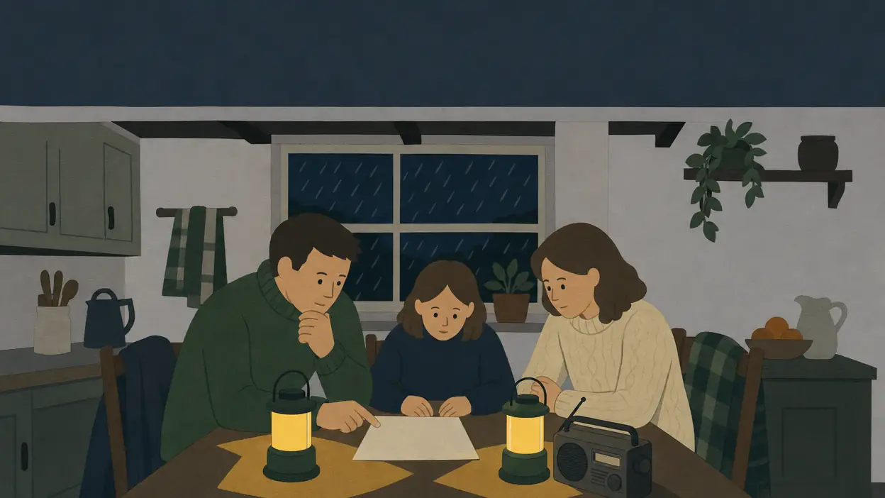 Two adults and a child read a sheet beside lanterns and a radio.
