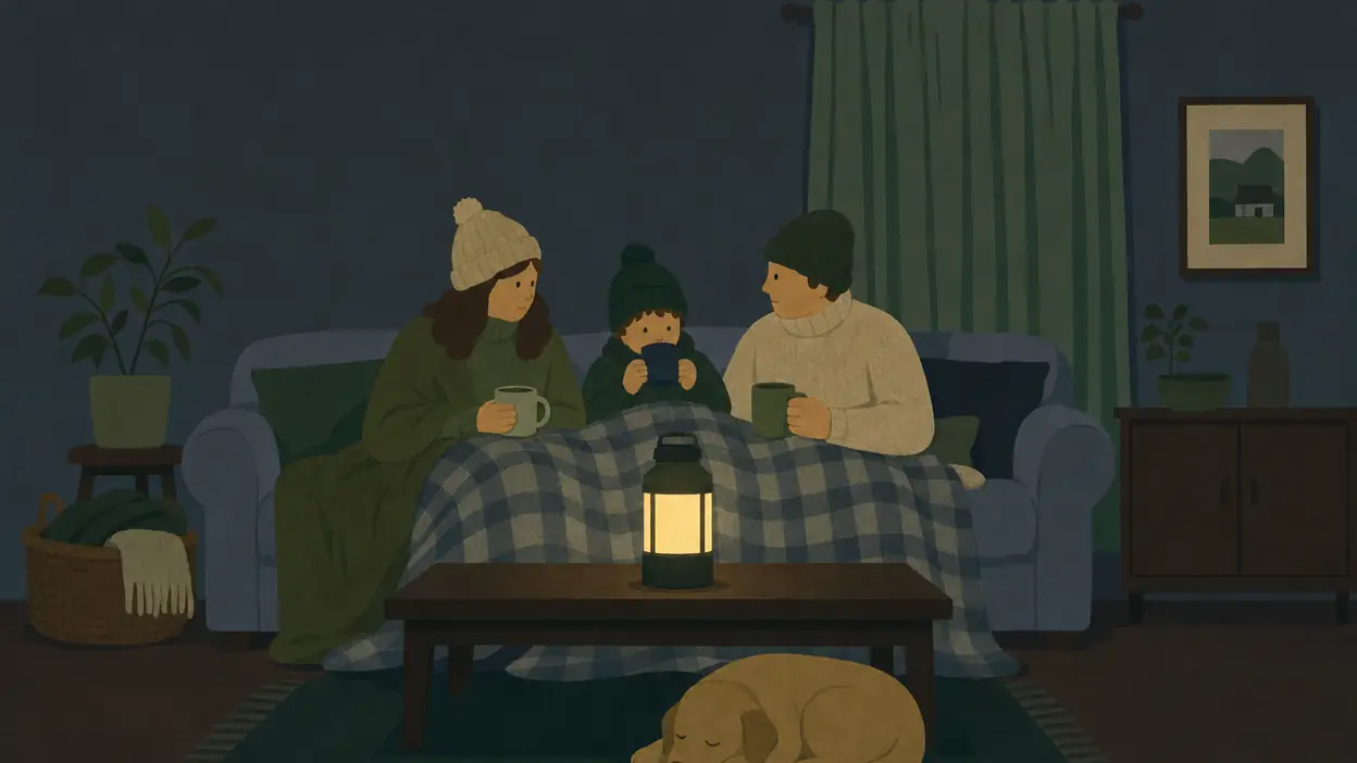 Two adults and a child sit under blankets with mugs and a lantern.