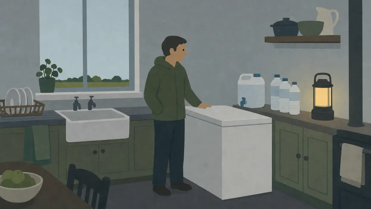 A person stands beside a chest freezer, water containers and a lantern.