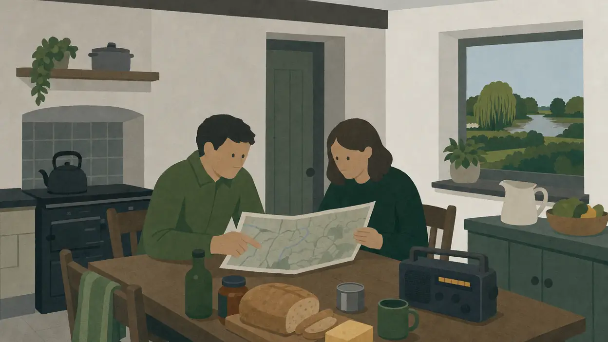 Two adults review a paper plan beside food and a radio at a kitchen table.