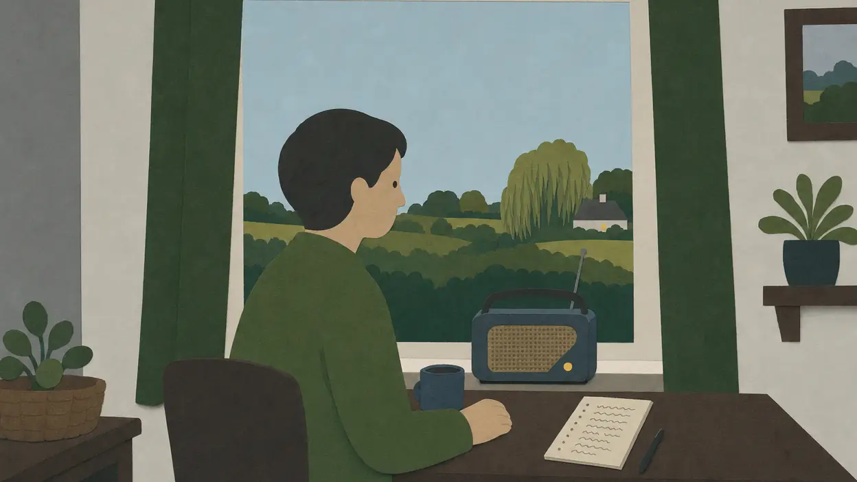 A person listens to a radio beside a window with a paper plan nearby.