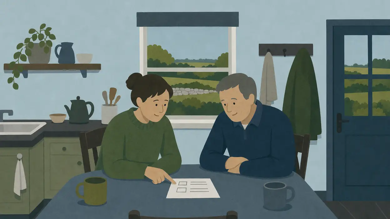 Two neighbours write a plan together at a kitchen table.