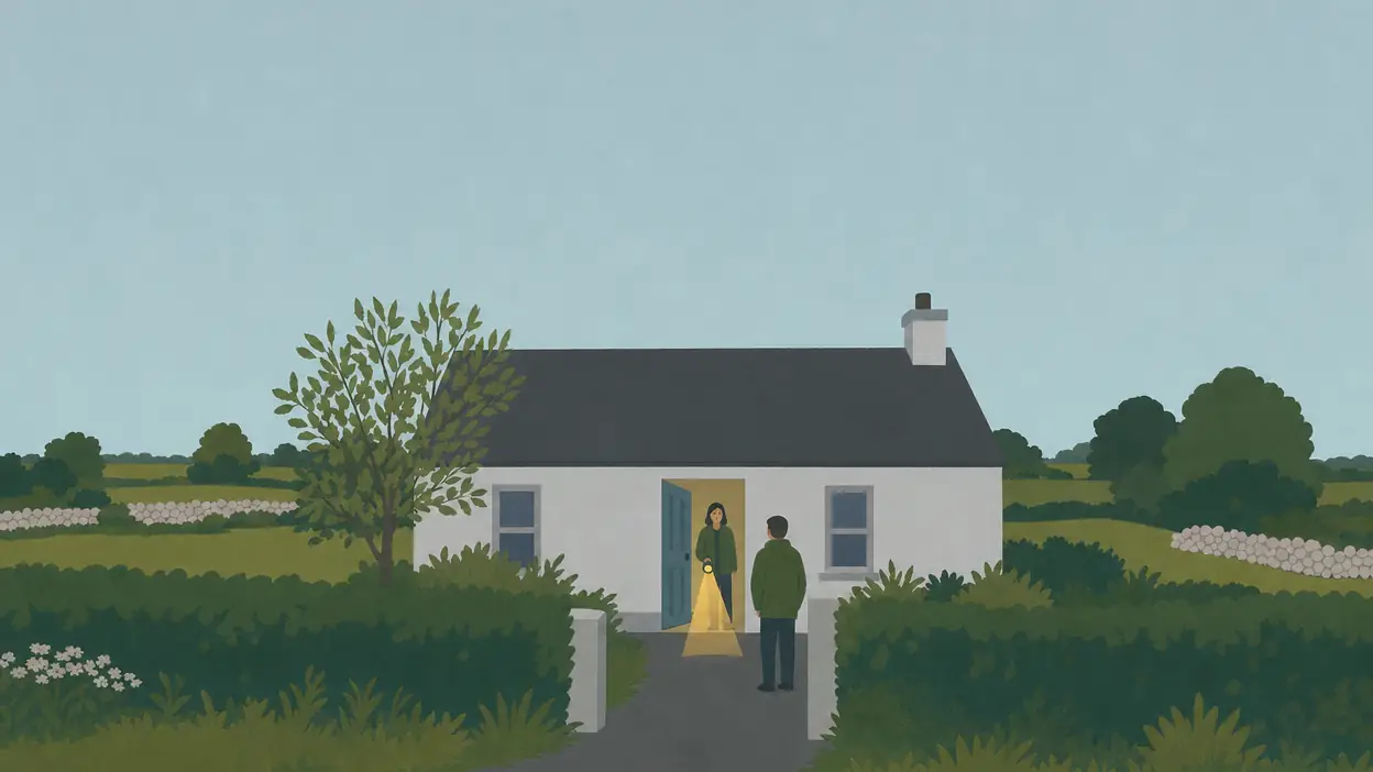 Two neighbours talk at the front door of a rural home at dusk.