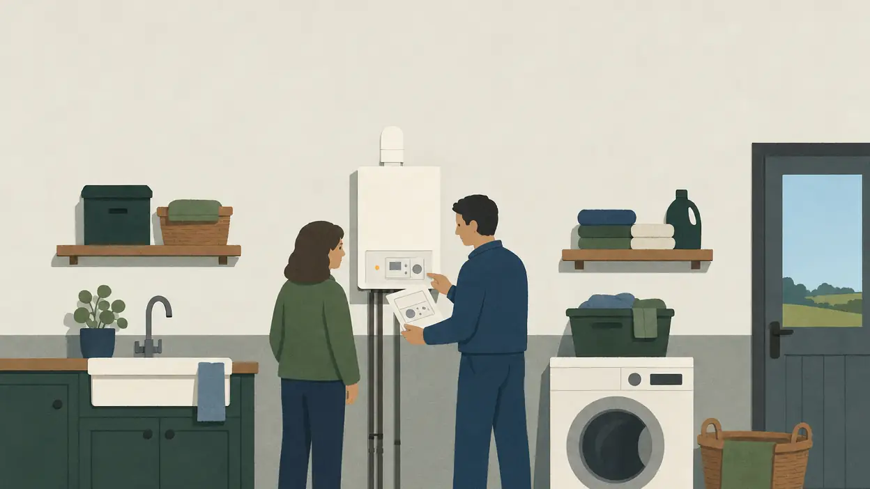 A resident and technician consult a manual beside a wall-mounted boiler.