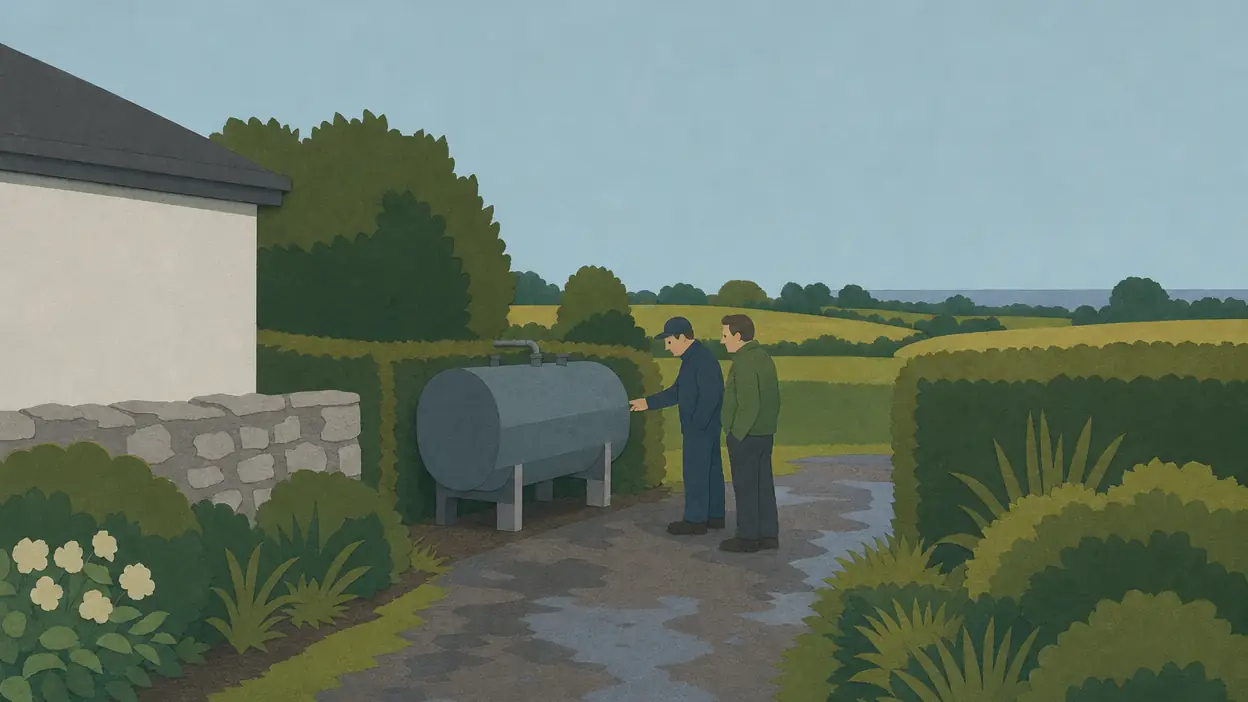 Two people stand beside an oil tank in a rural garden.