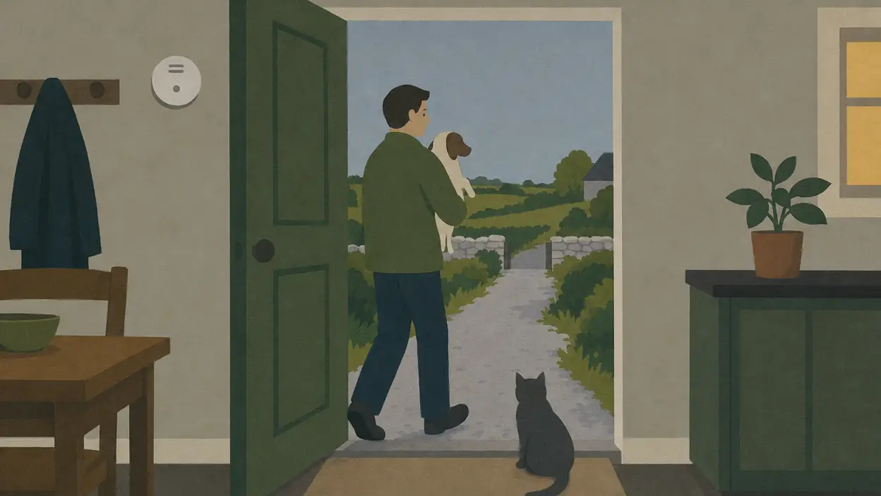 A person carries a dog through an open back door while a cat waits on the step.