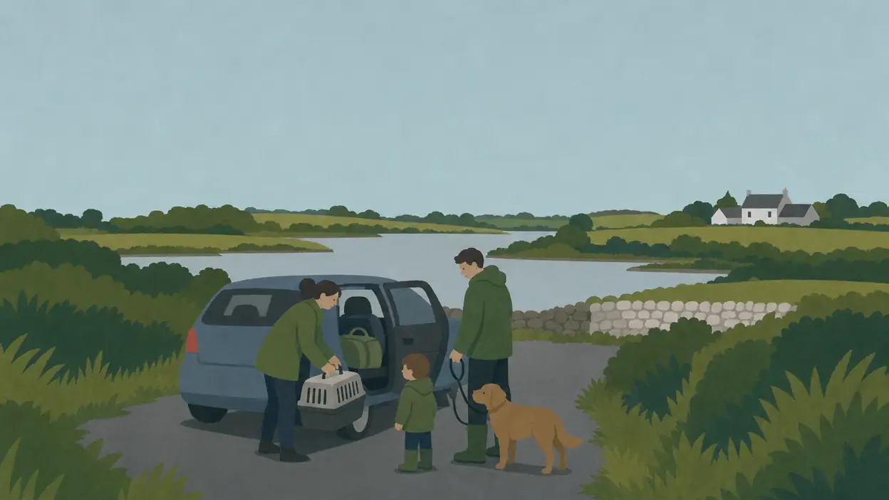 People prepare a pet carrier beside an open car, with a dog nearby.