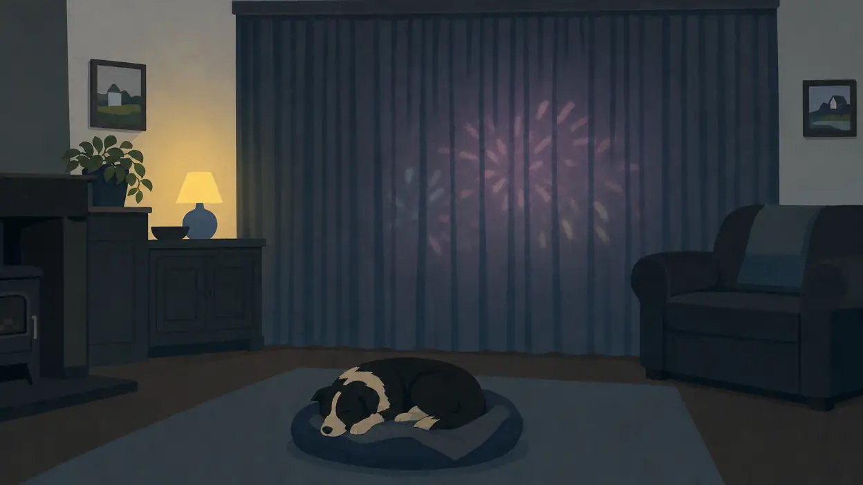 A dog rests indoors beside a sofa with the curtains drawn.