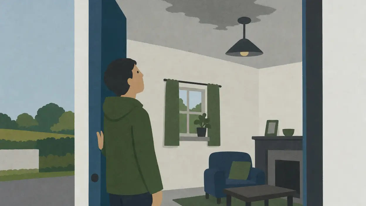 A person looks at a damp patch on a ceiling from a doorway.