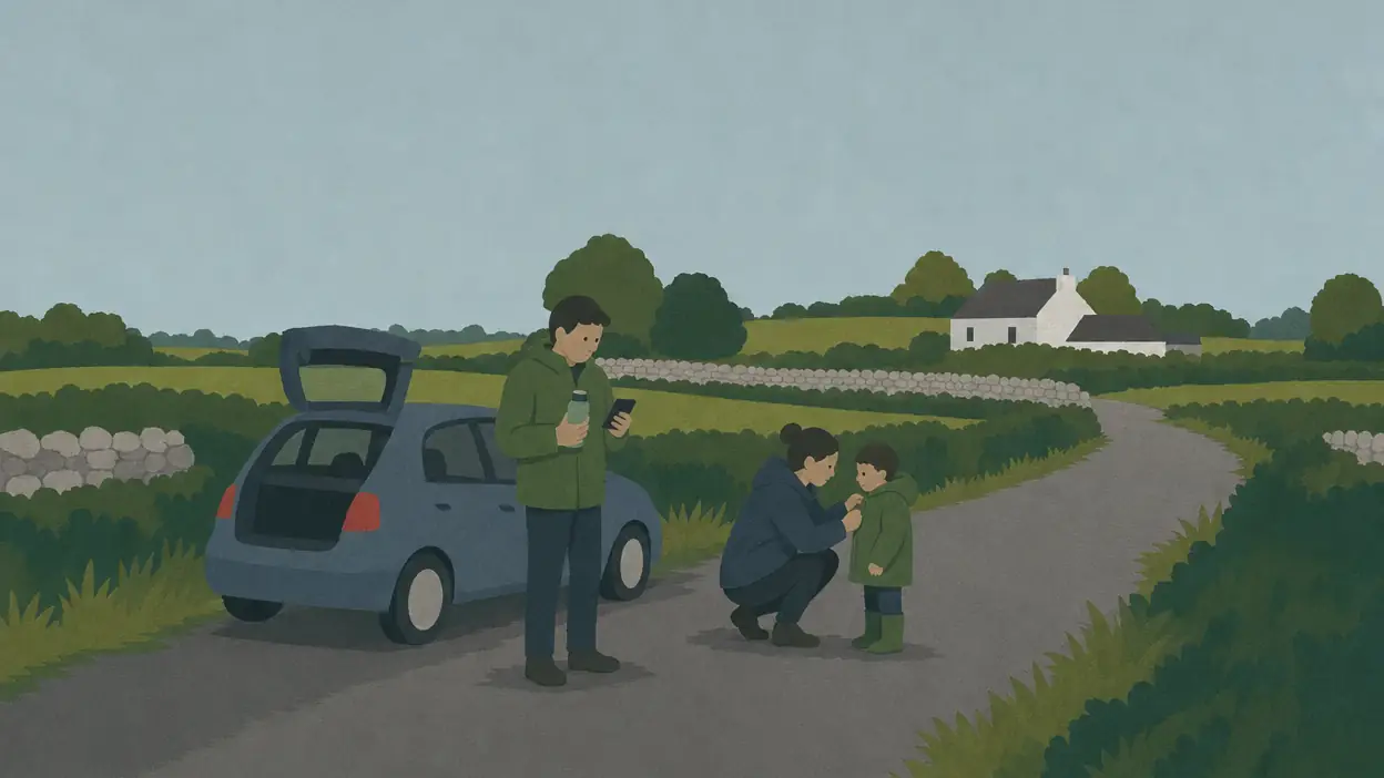 An adult makes a phone call beside a parked car while another crouches beside a child.