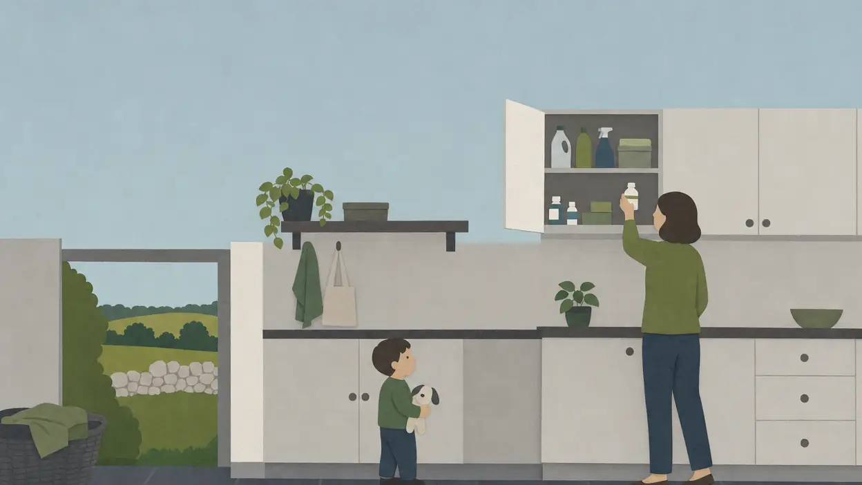 An adult places household products in a high cupboard while a child stands nearby.