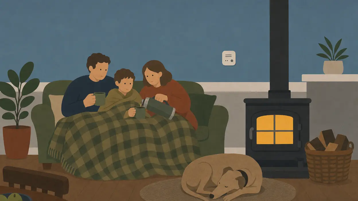 A household keeps warm together by the stove.