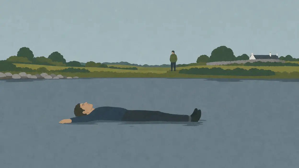 A person floats on their back in water near the shore.