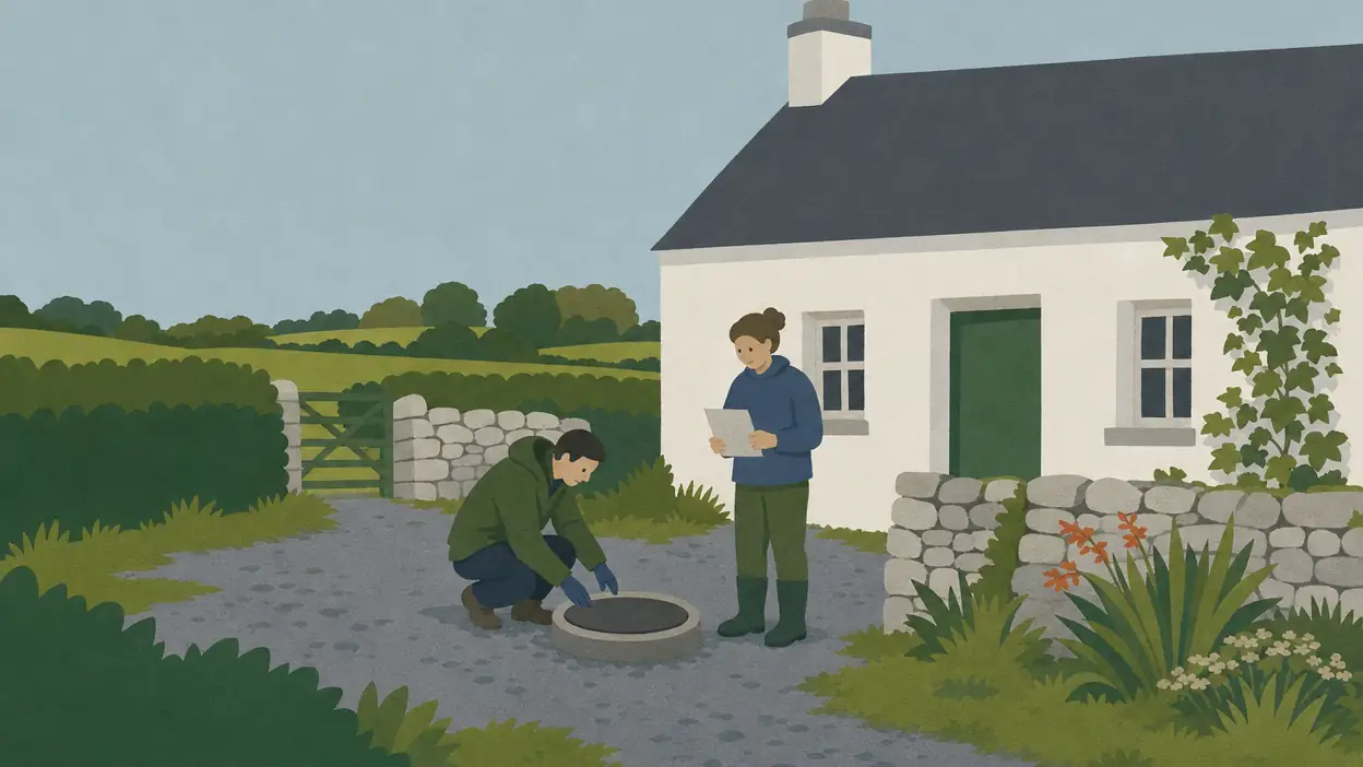 Two people inspect a well cover outside a rural house.