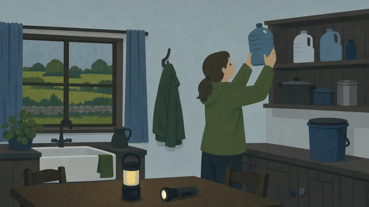 A person puts a water container on a kitchen shelf, with a torch and lamp nearby.