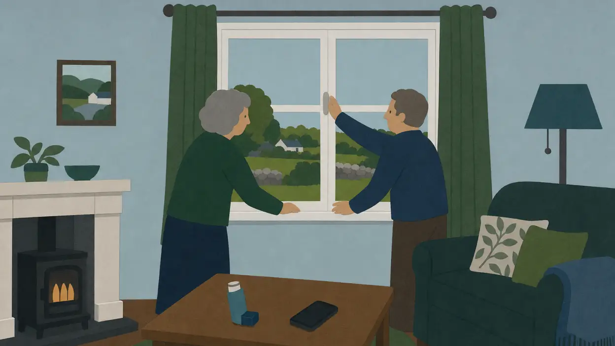 Two adults close a window, with a phone and inhaler on the table.